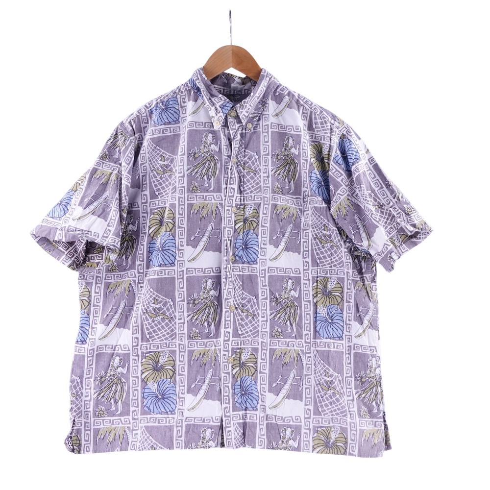Reyn Spooner Mens XL Hawaiian Shirt Lavender Hula Hibiscus Cotton Button Down
